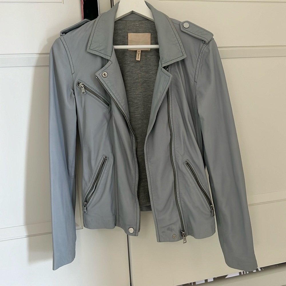 Pale blue leather jacket